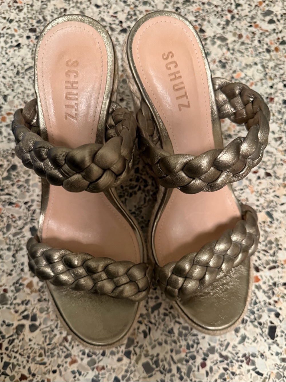 SCHUTZ Braided Double-Strap Metallic Olive Slide Heels